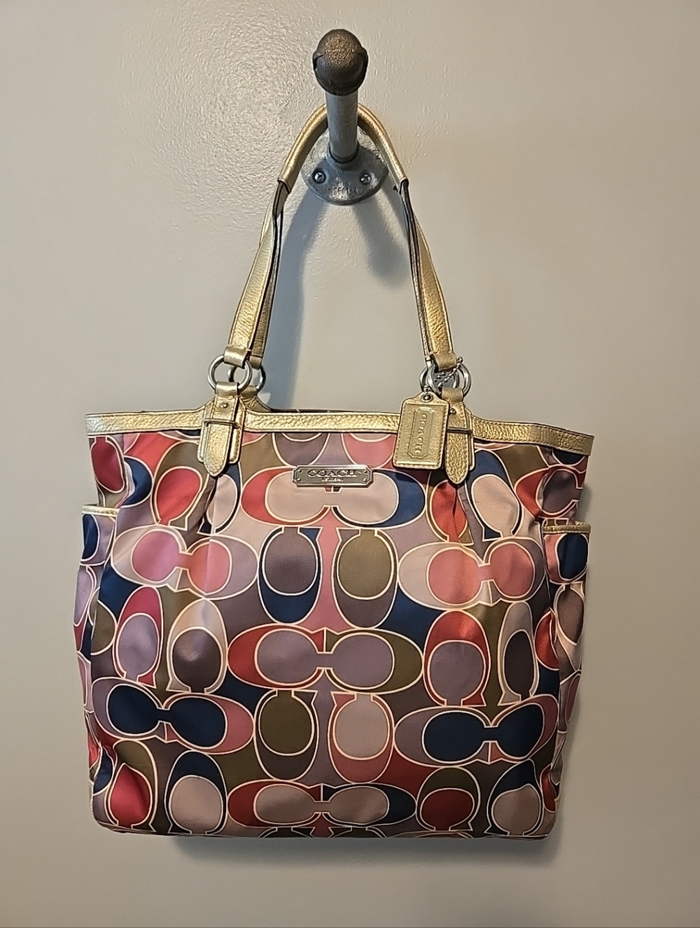 Coach Multicolor Signature Tote with Gold Trim and Navy Accents
